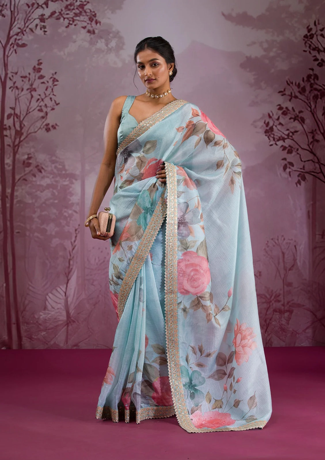 Luxurious Chinnon Silk Floral Designer Saree