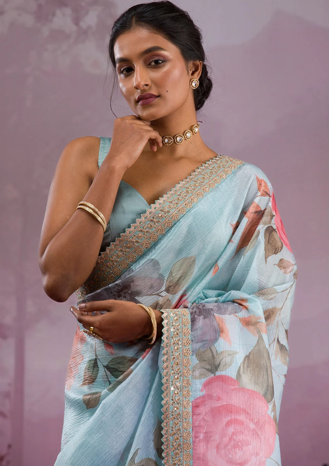 Luxurious Chinnon Silk Floral Designer Saree