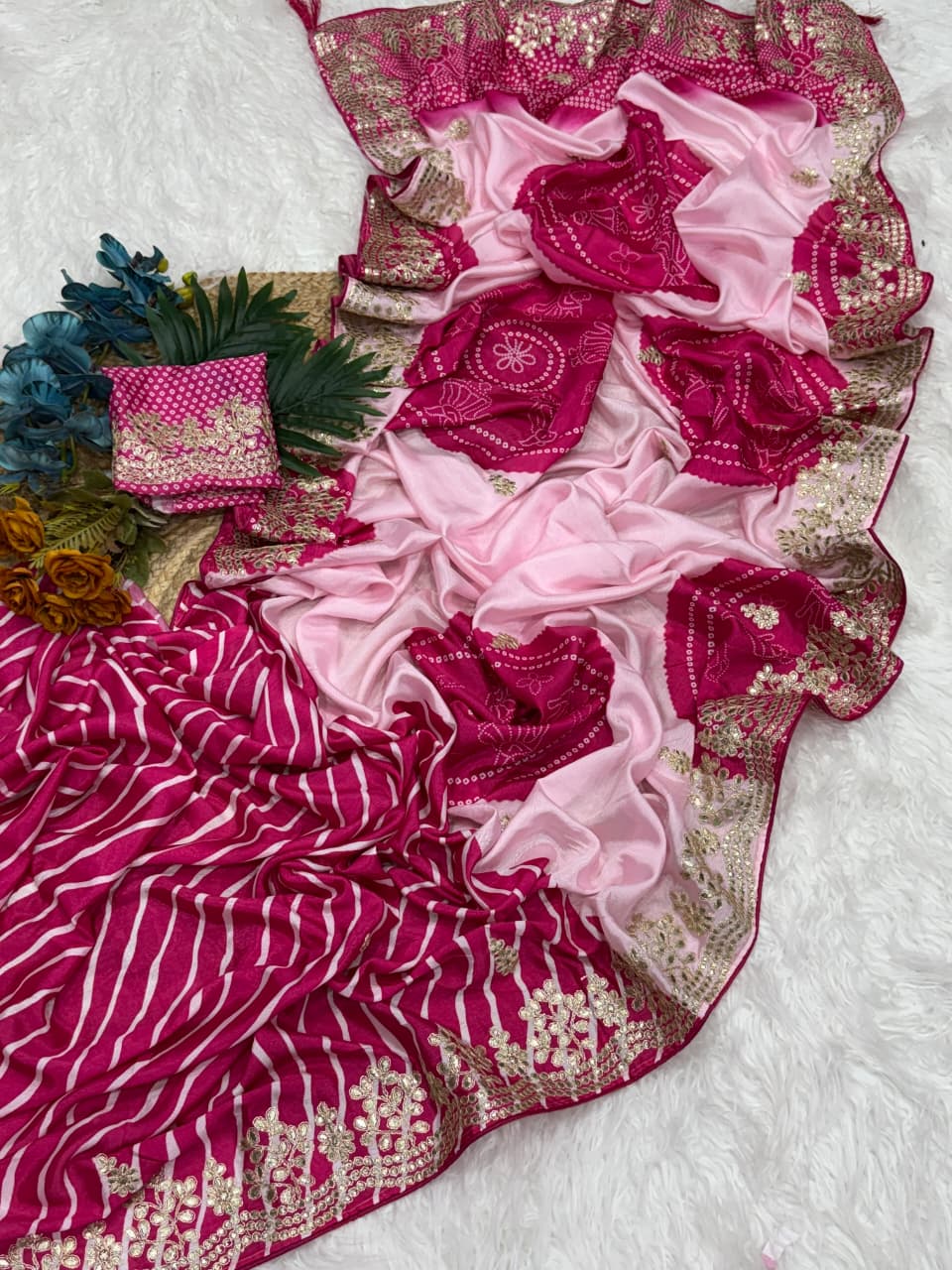 Premium Shiny Silk Saree with Bandhni Blouse