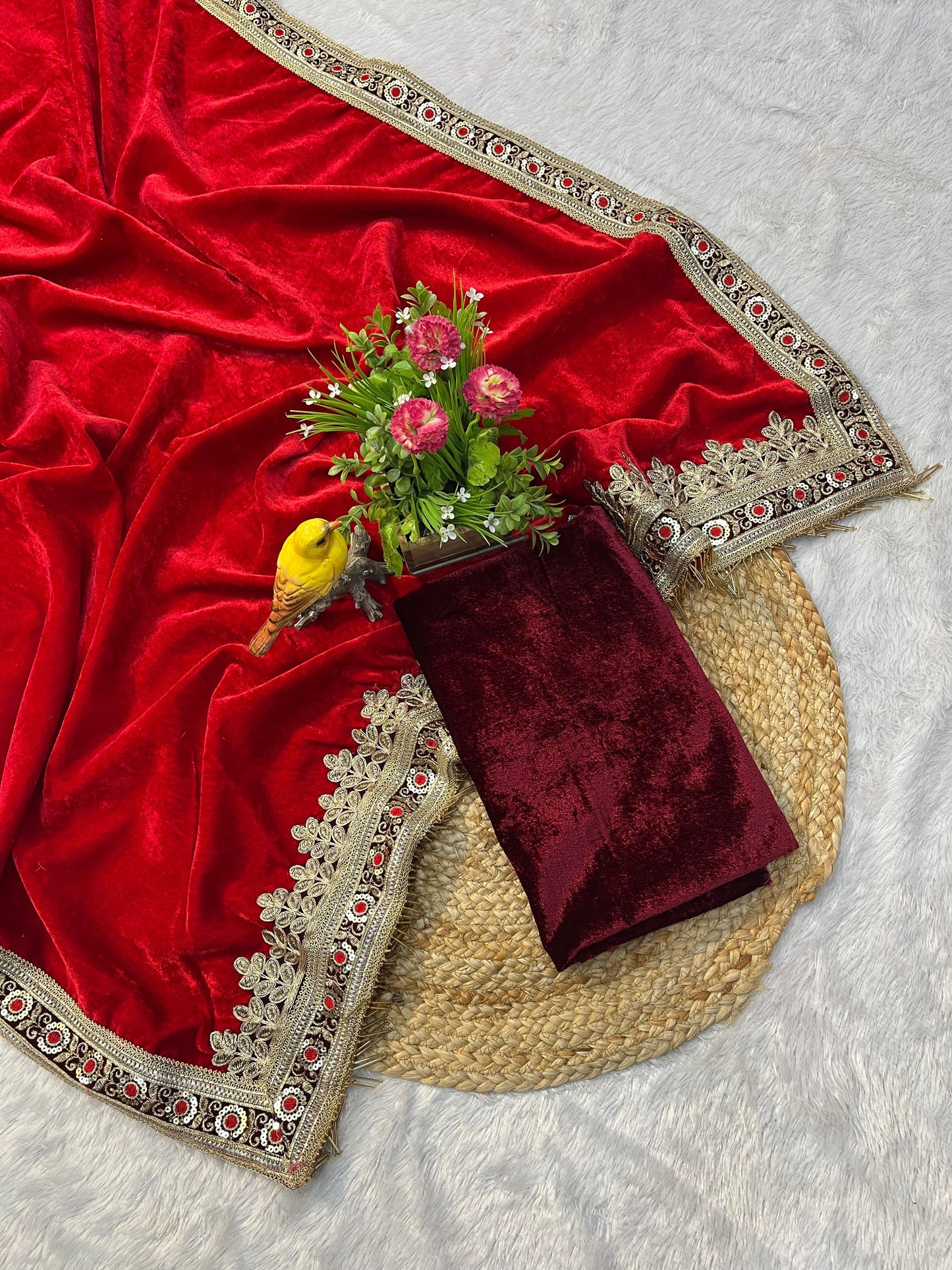 Royal Kumkum Red Velvet Saree with Embroidered Lavender Border