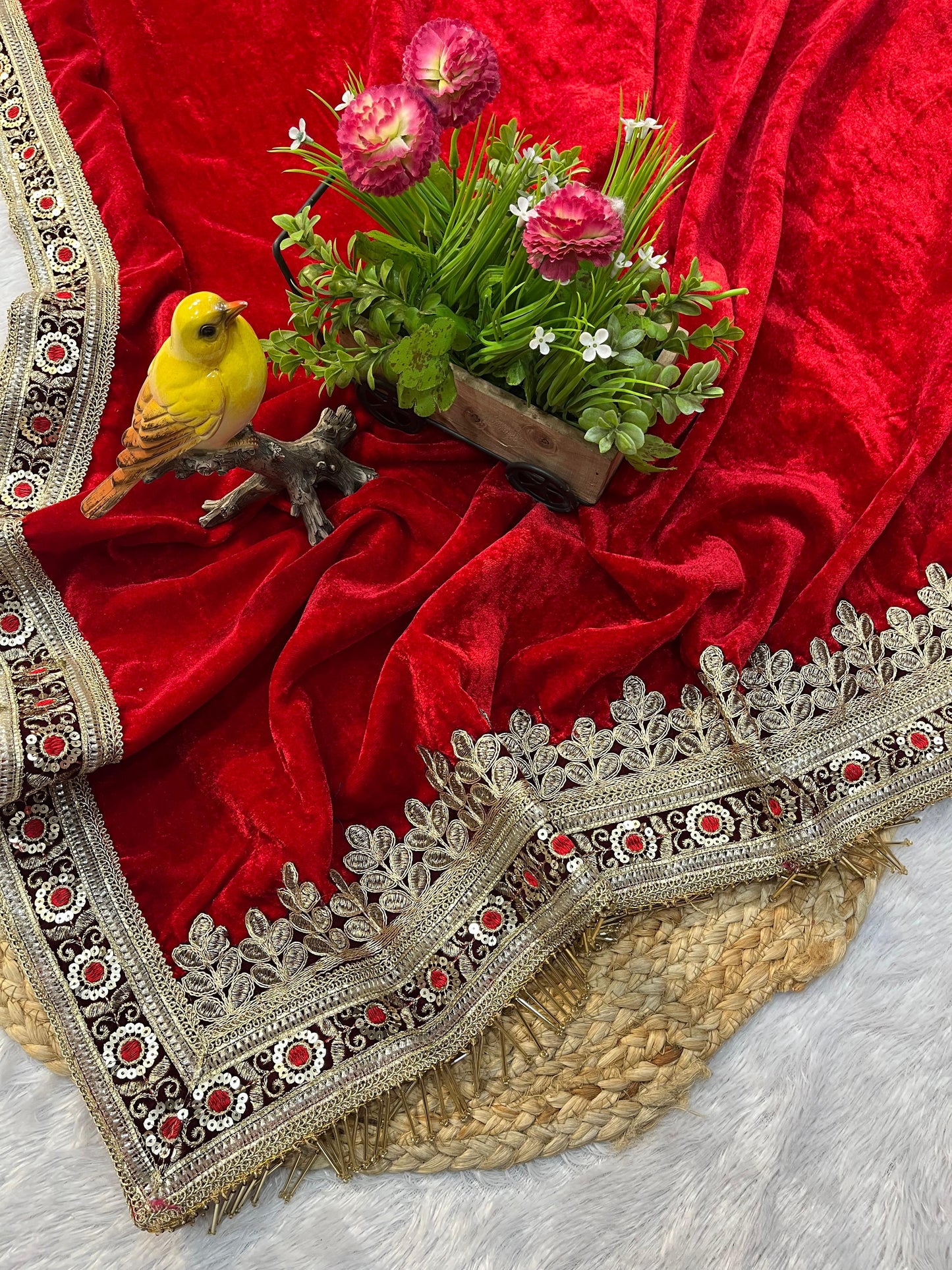 Royal Kumkum Red Velvet Saree with Embroidered Lavender Border