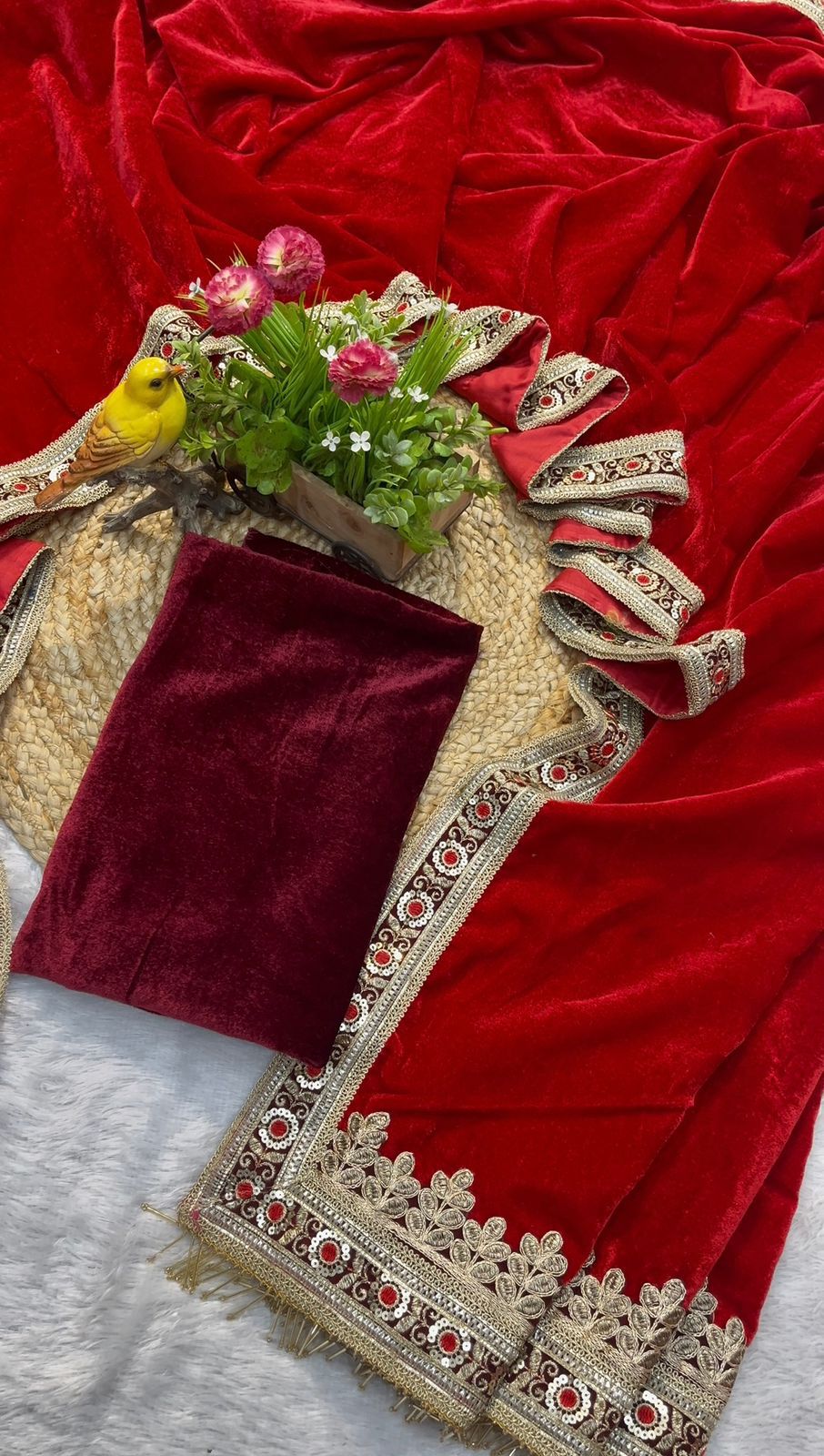 Royal Kumkum Red Velvet Saree with Embroidered Lavender Border