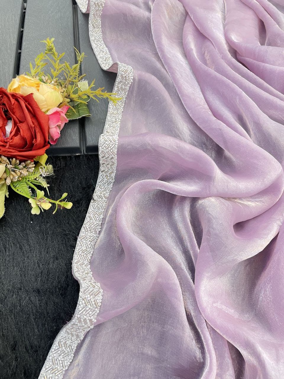 Premium Space Silk Saree with Handwork Lace