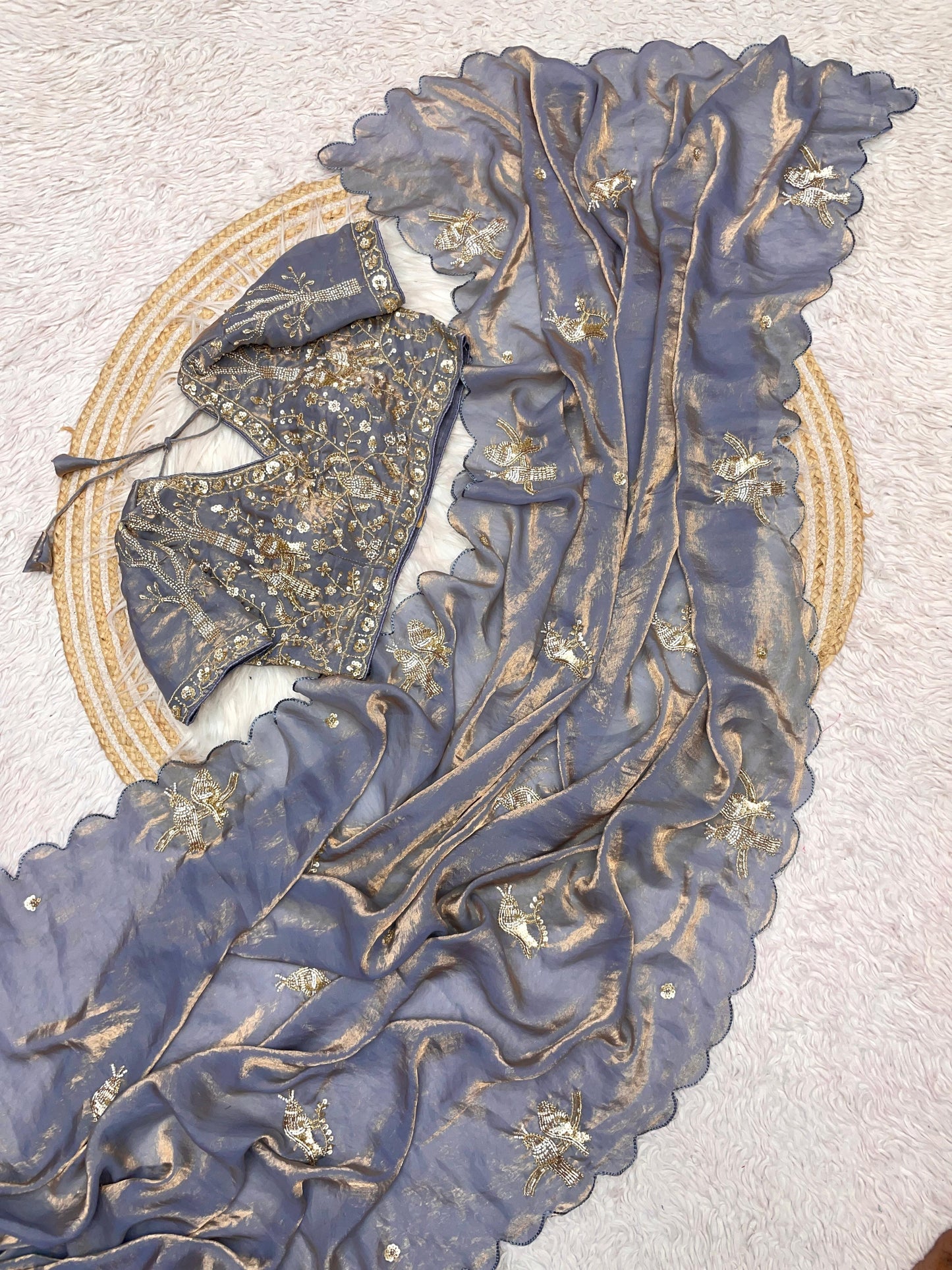 Premium Fandy Silk Saree with Heavy Beads Work