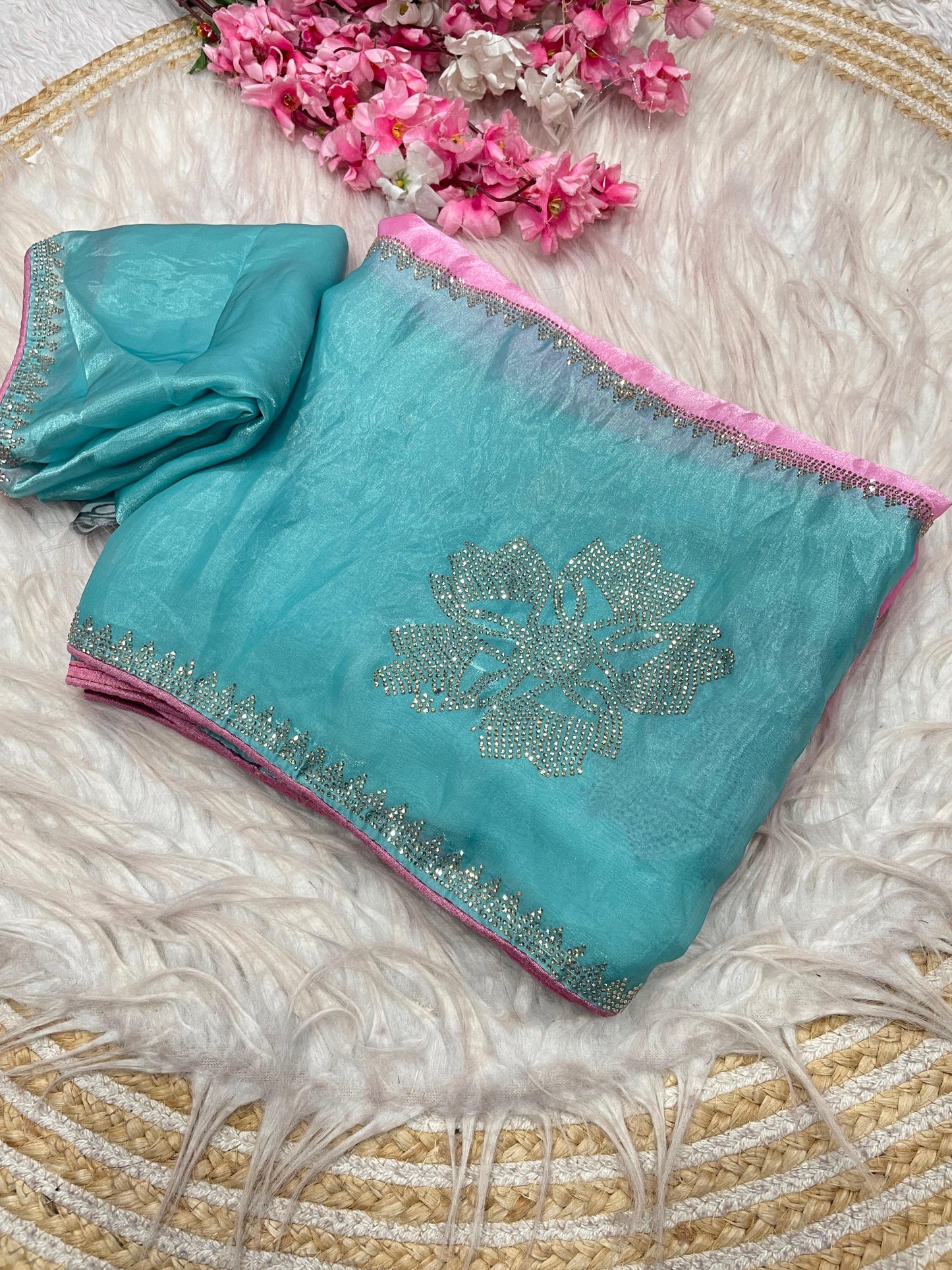 Premium Fandy Satin Digital Print Saree with Jarkhan & Siroski Work