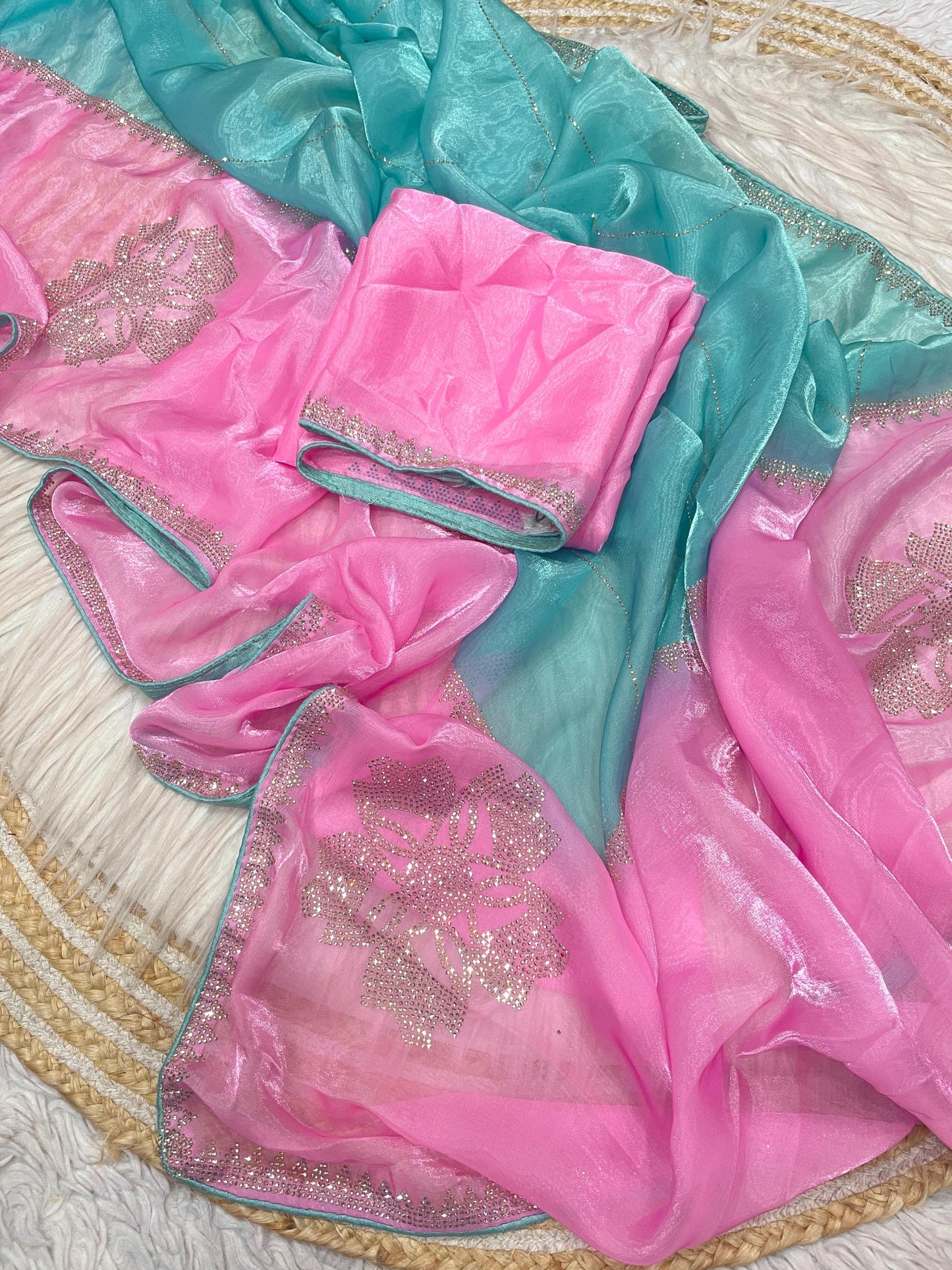 Premium Fandy Satin Digital Print Saree with Jarkhan & Siroski Work