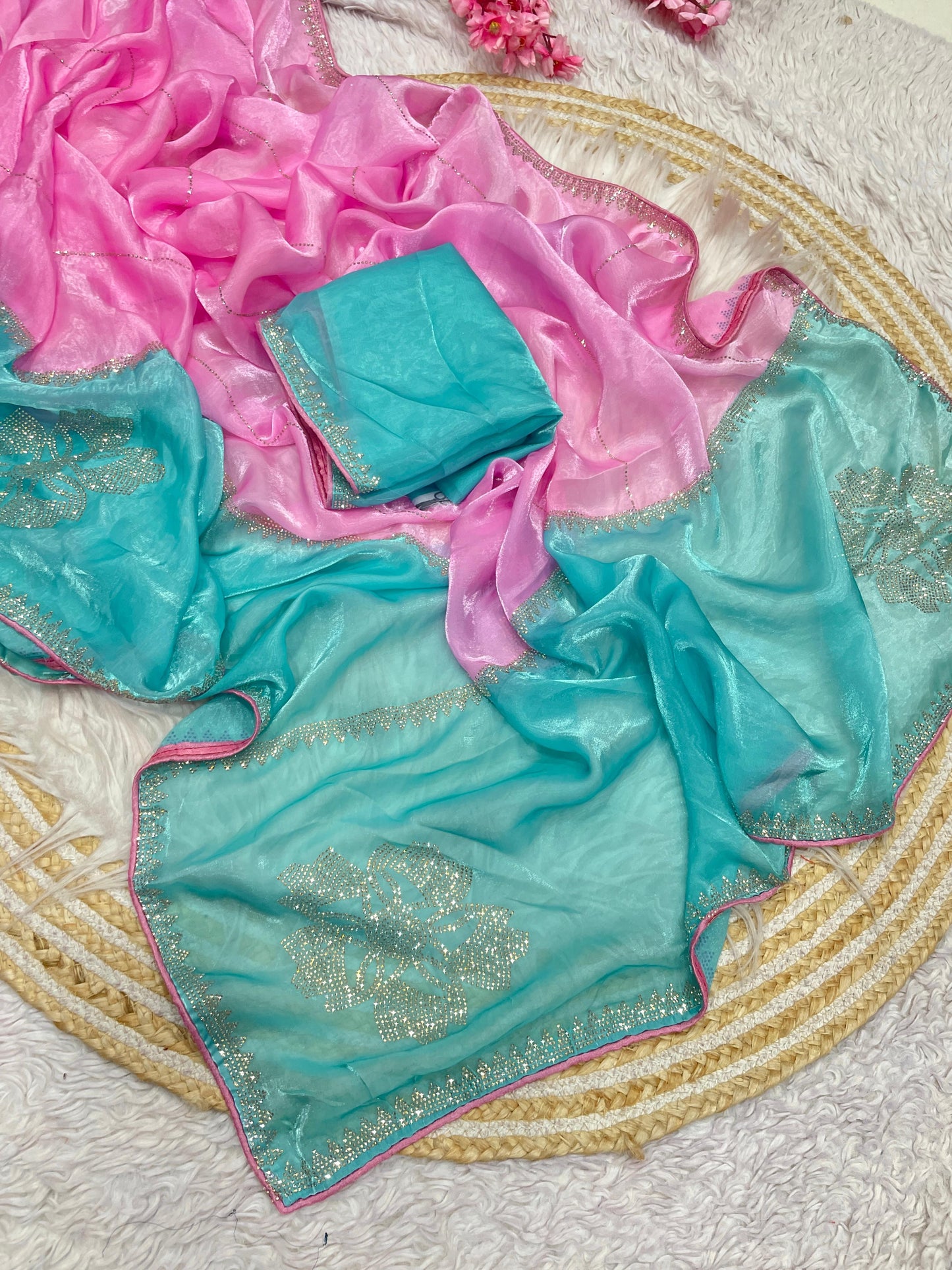 Premium Fandy Satin Digital Print Saree with Jarkhan & Siroski Work