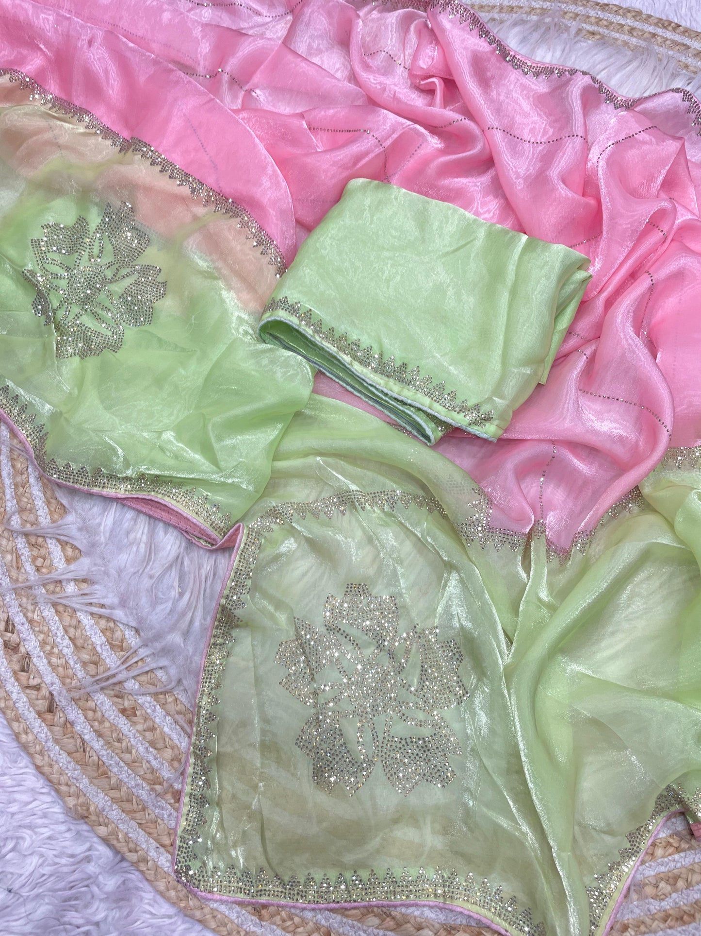 Premium Fandy Satin Digital Print Saree with Jarkhan & Siroski Work
