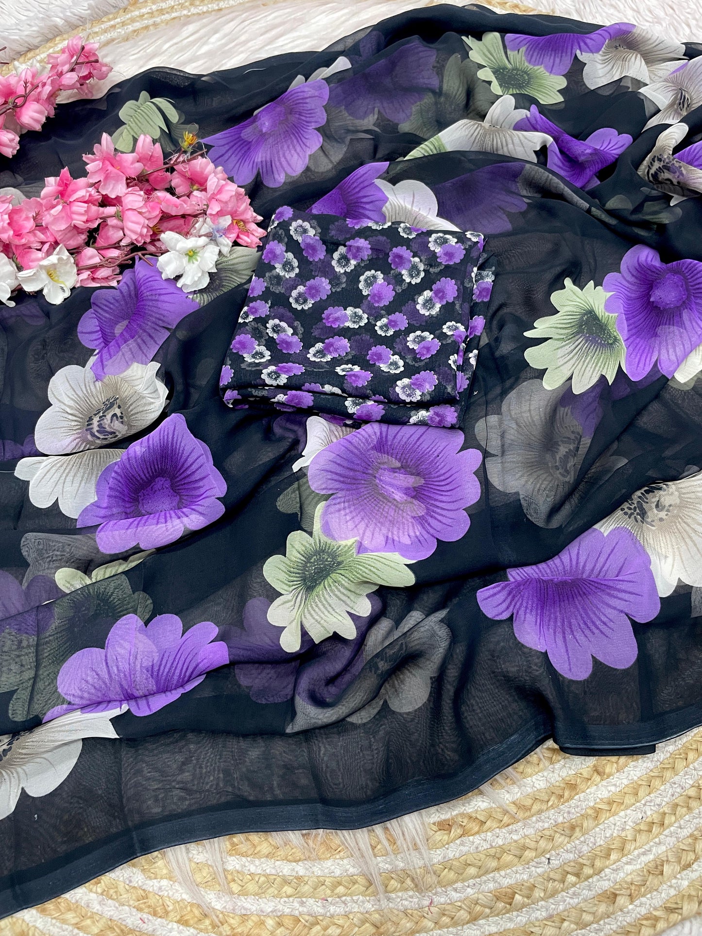Elegant Floral Printed Black Georgette Saree