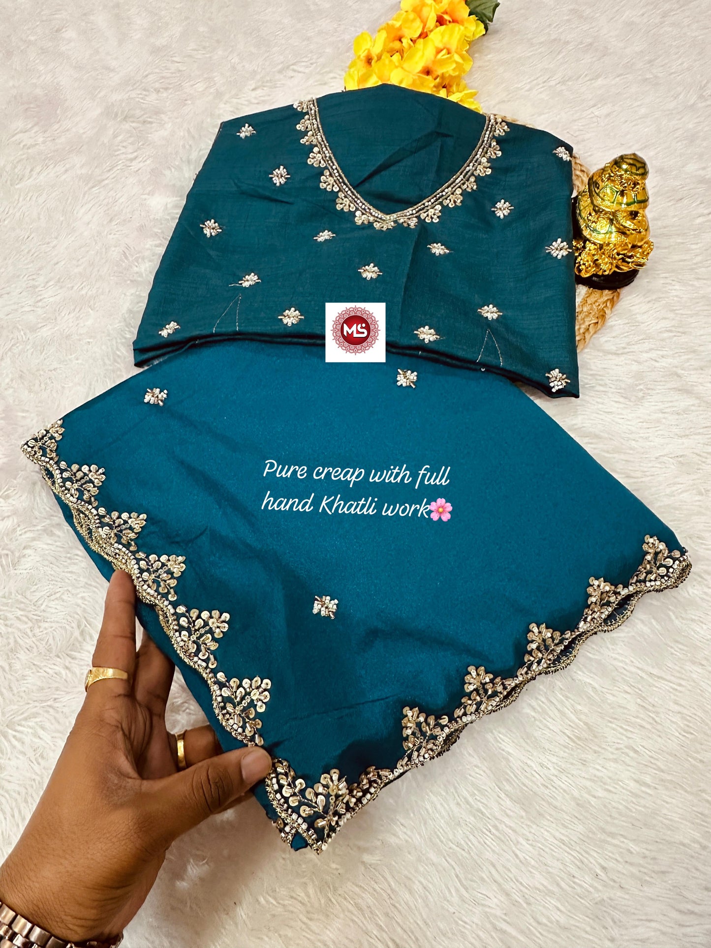Pure Soft Crepe Silk Saree with Heavy C-Pallu Beads Work