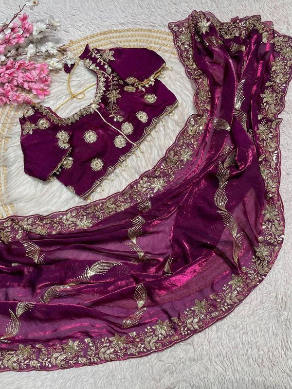Premium Fendy Satin Sequin Saree Luxury Embroidery
