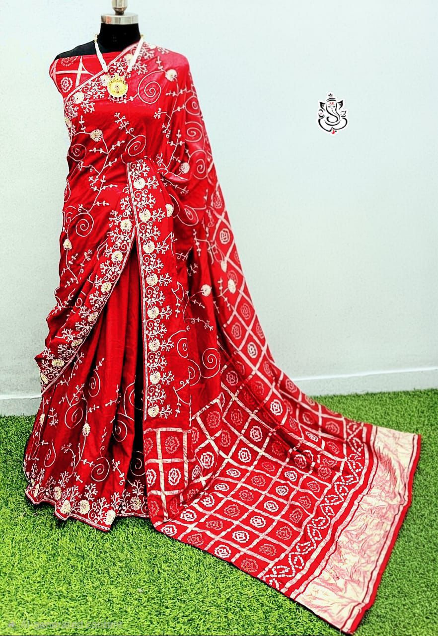 Premium Dola Silk Bandhej Weaving Saree with Pittha Work & Designer Pallu