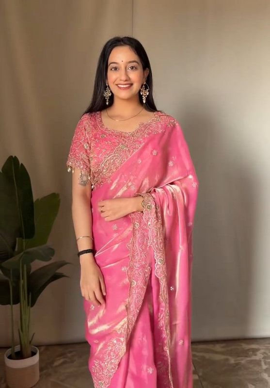 Luxe Fendy Satin Saree with 3mm Sequin Embroidery & Heavy Border