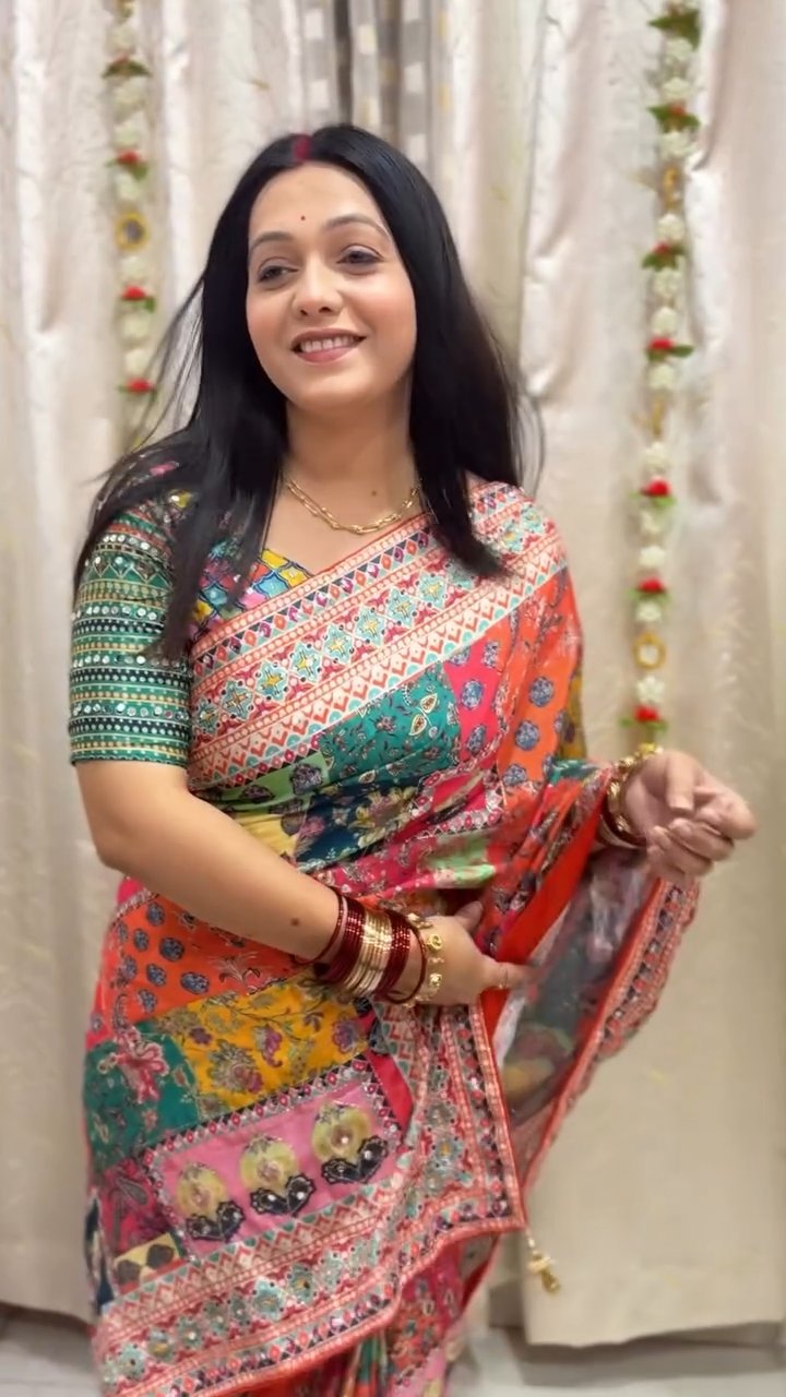 Designer Printed Chinnon Saree with Handcrafted Mirror & Zari Detailing