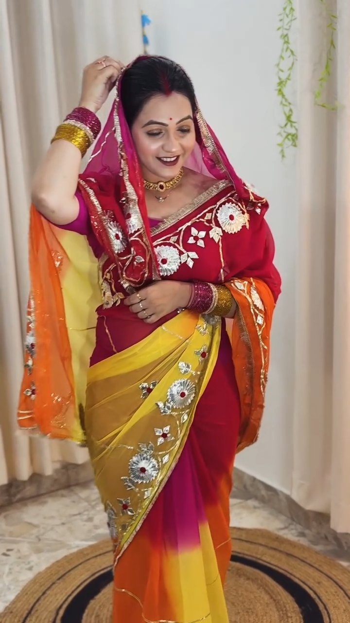 Handcrafted Tie & Dye Diamond Chiffon Saree with Gota Work Blouse
