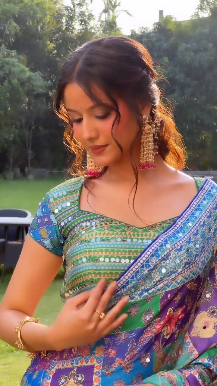 Printed Chinnon Saree with Handcrafted Mirror & Zari Detailing