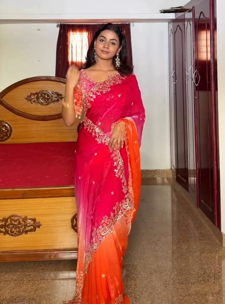 Luxe Fendy Satin Saree with 3mm Sequin Embroidery & Heavy Border