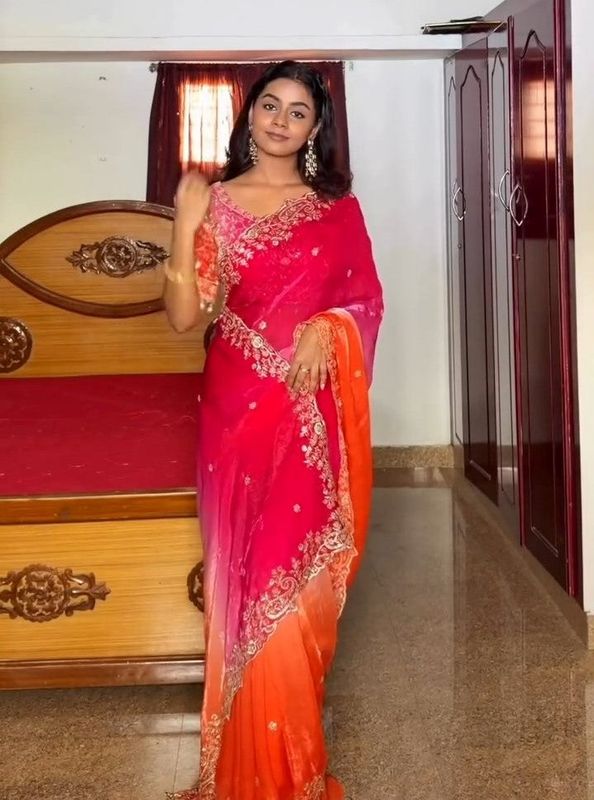 Luxe Fendy Satin Saree with 3mm Sequin Embroidery & Heavy Border