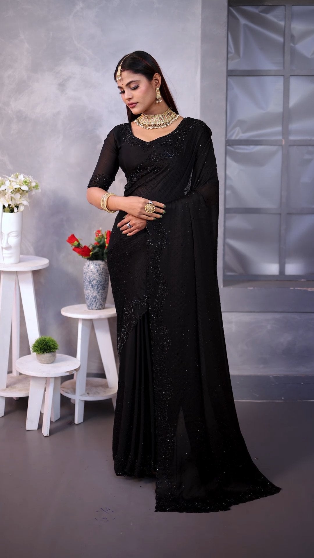 Black Beauty Space Silk Saree with Elegant Jarkhan Work 🖤✨
