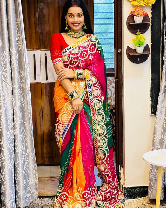 Special Bandhej Moss Fabric Saree with Hand Gota Patti Work