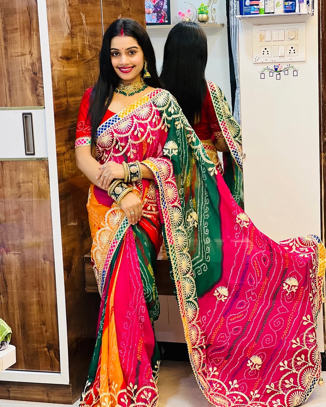Special Bandhej Moss Fabric Saree with Hand Gota Patti Work