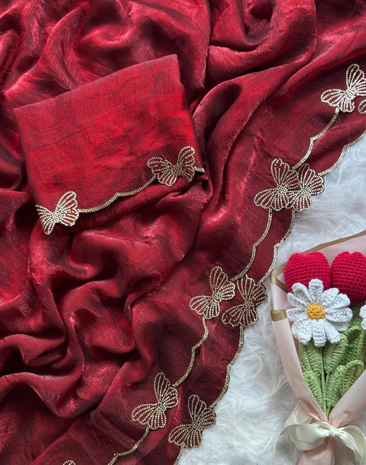 Premium Fendy Chiffon Saree with Complete Zarkan Diamond Work