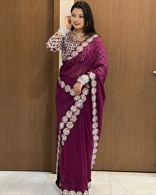 Stylish Georgette Mirror Work Saree with Sequins & Full-Stitch Blouse