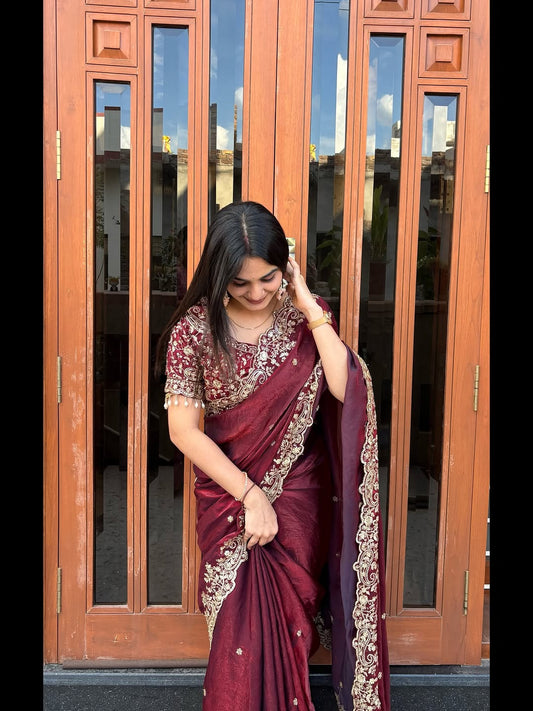 Luxe Fendy Satin Saree with 3mm Sequin Embroidery & Heavy Border