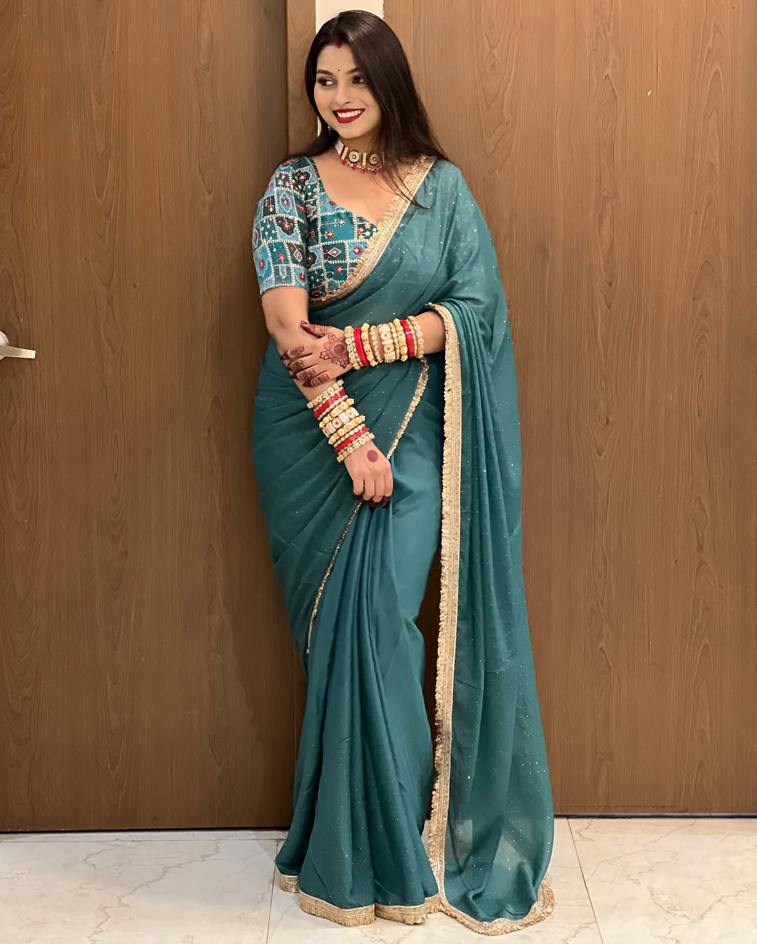 Soft Star Georgette Saree with Jarkan Dot Work & Multicolour Lace