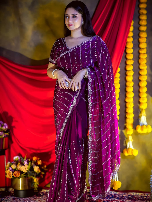 Luxurious Glam Handwork Saree Premium Space Silk with Beads Work