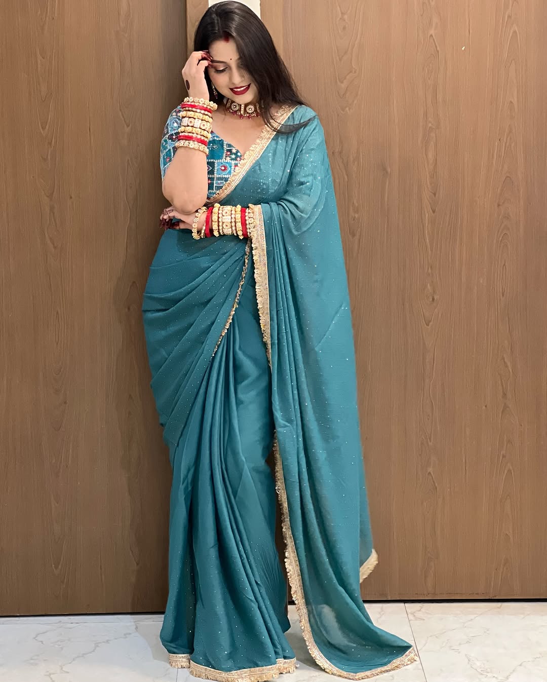 Soft Star Georgette Saree with Jarkan Dot Work & Multicolour Lace