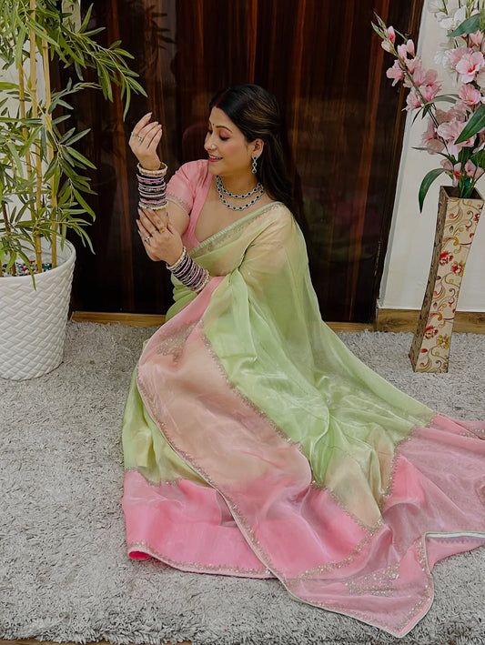 Premium Fandy Satin Digital Print Saree with Jarkhan & Siroski Work