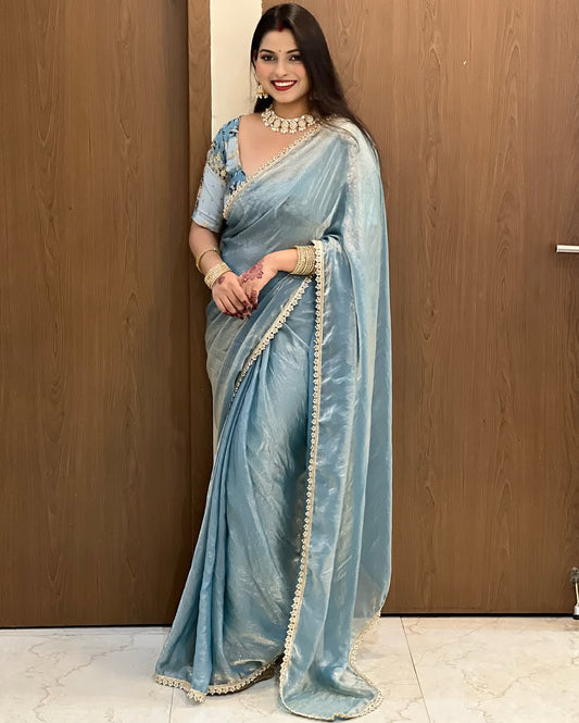 Fendy Silk Saree with Stone Lace Border & Embroidered Chinnon Blouse