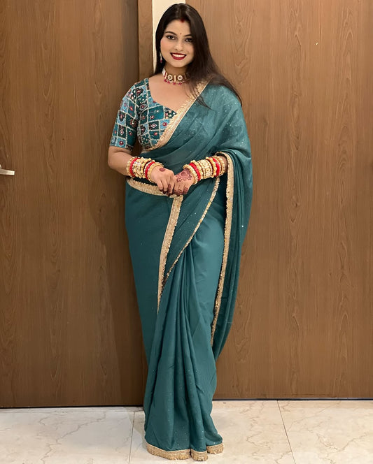 Soft Star Georgette Saree with Jarkan Dot Work & Multicolour Lace