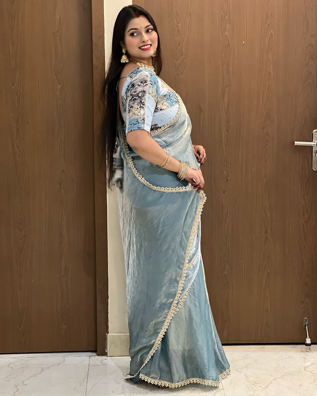 Fendy Silk Saree with Stone Lace Border & Embroidered Chinnon Blouse