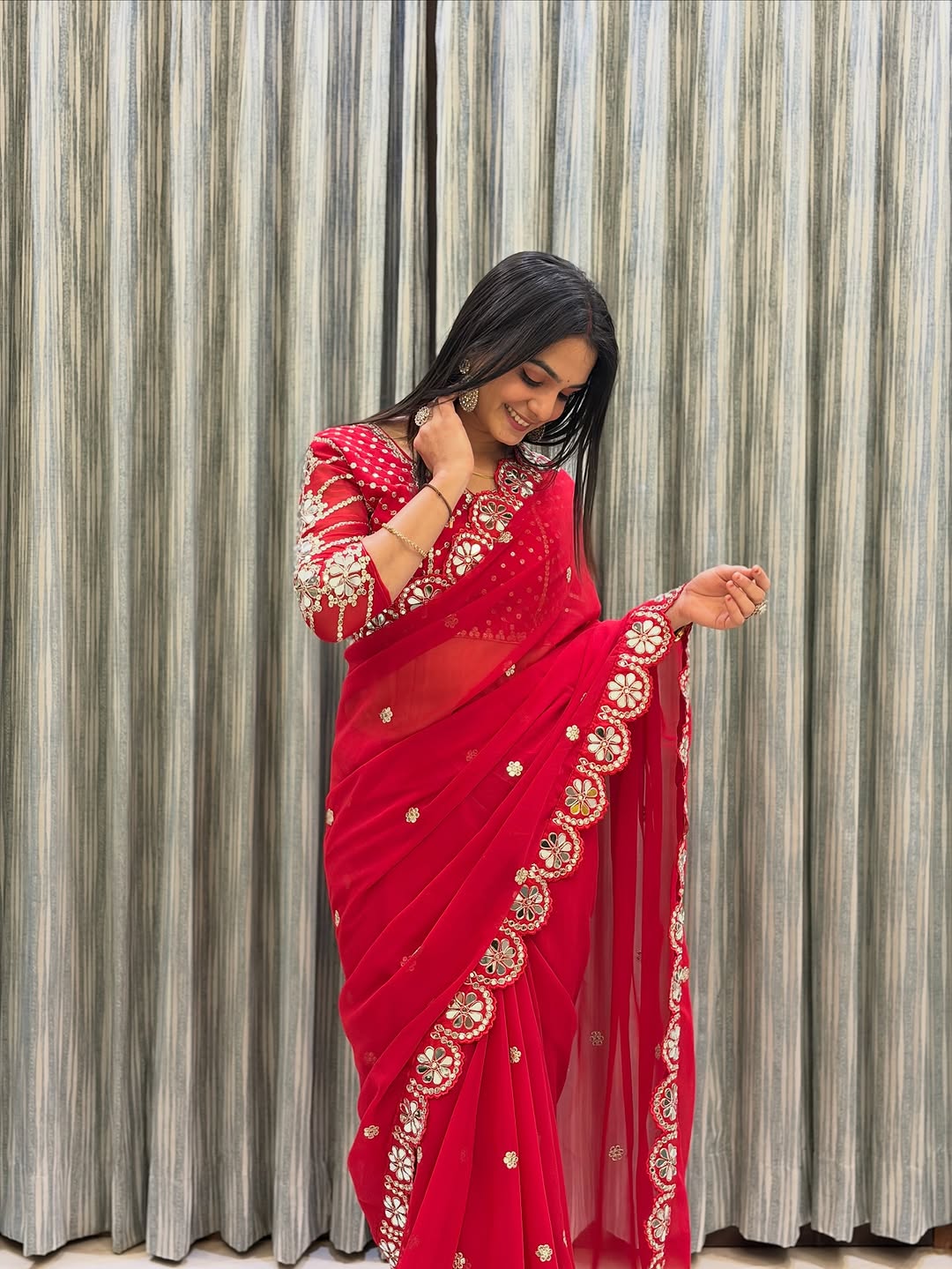 Designer Fox Georgette Saree with Heavy Embroidery & Real Mirror