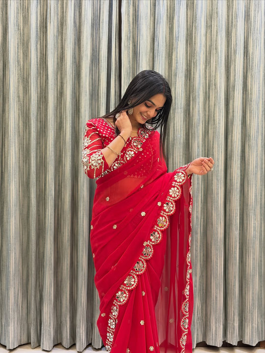 Designer Fox Georgette Saree with Heavy Embroidery & Real Mirror