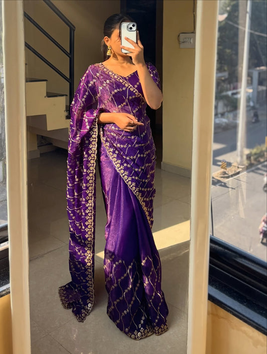 Premium Fendy Satin Dual Shade Saree with Multi Sequence Embroidery