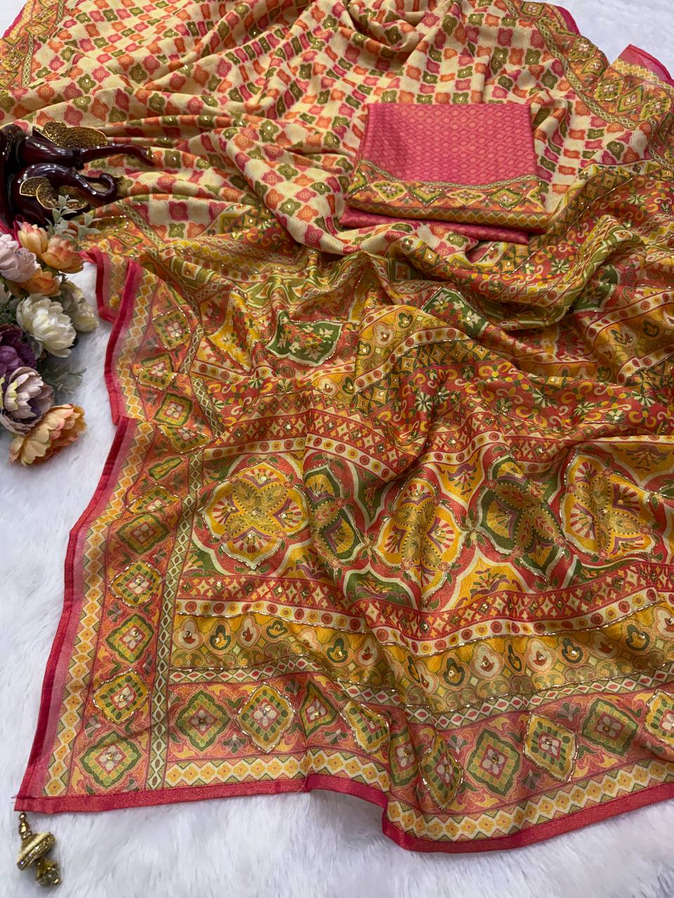 Premium Chosmo Silk Katdana & Diamond Handwork Designer Saree