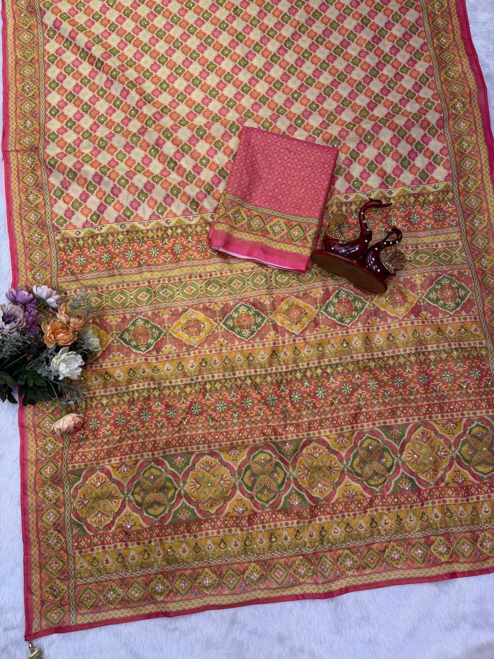 Premium Chosmo Silk Katdana & Diamond Handwork Designer Saree