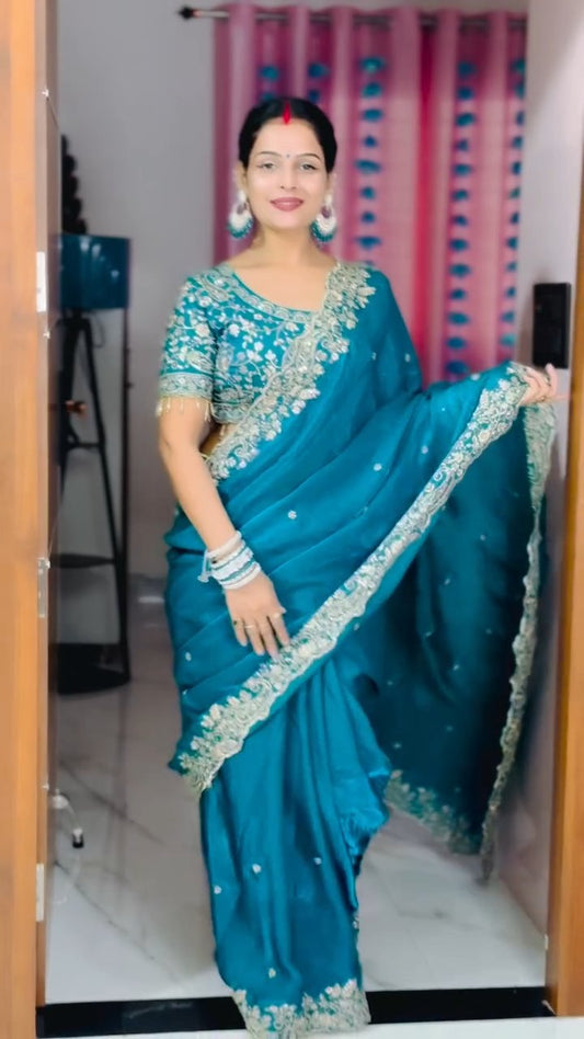 Luxe Fendy Satin Saree with 3mm Sequin Embroidery & Heavy Border