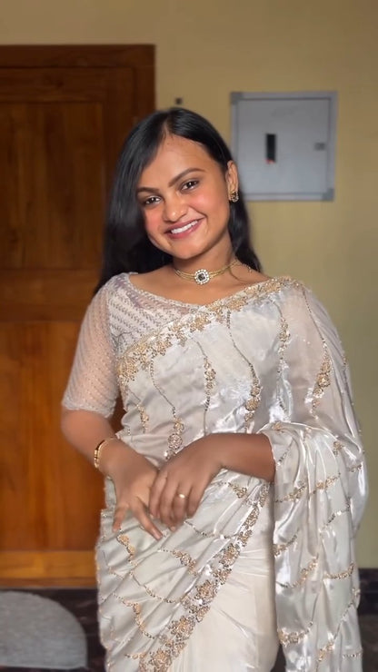 Premium Space Silk Saree with Original Beads Work