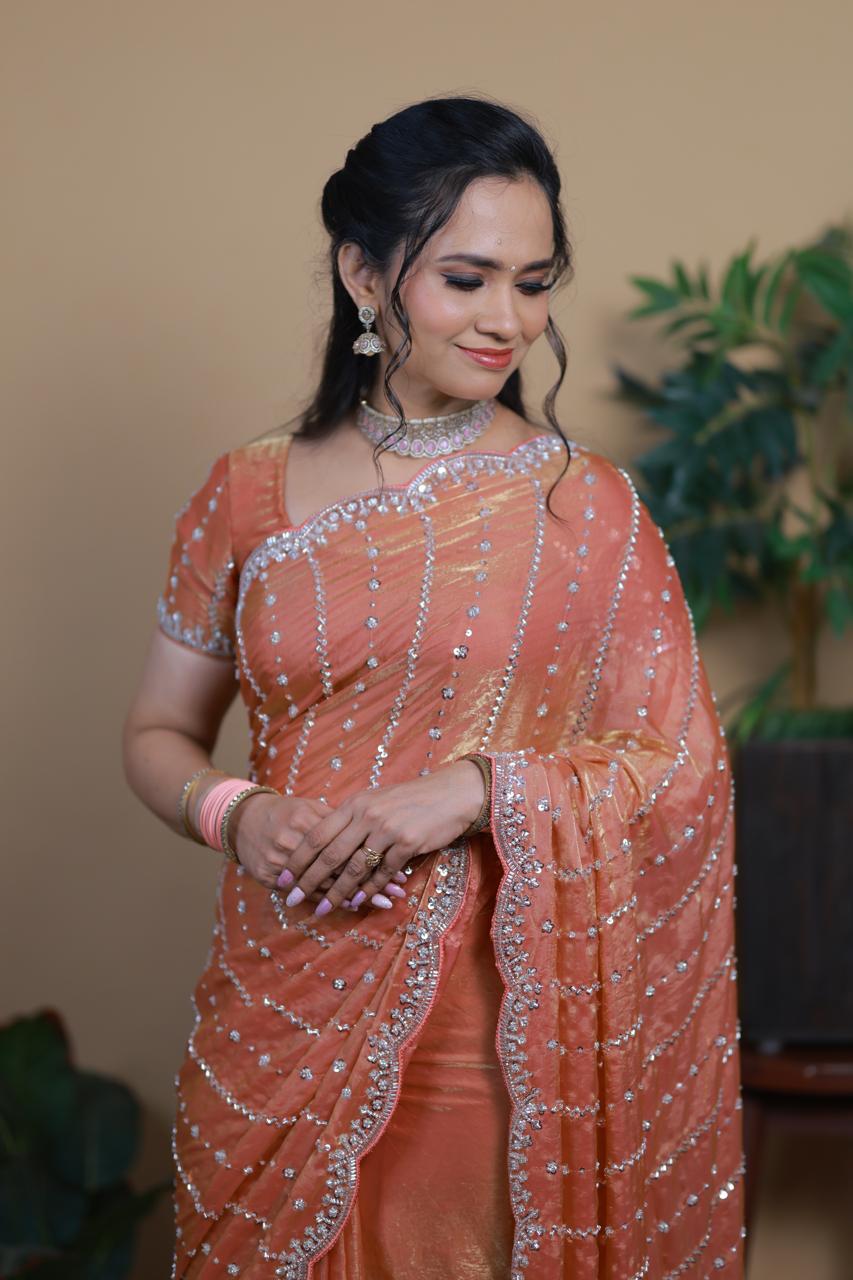 Premium Space Silk with Beads Work & Handwork Saree