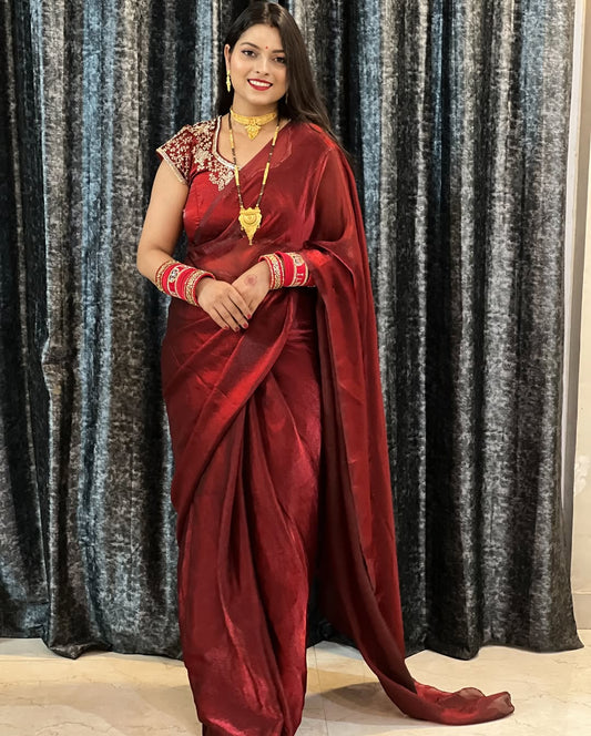 Party Wear Fendy Silk Saree Beads Work Stitch Blouse
