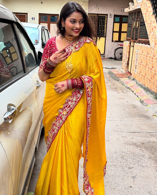 Premium Soft Chinon Silk Yellow Saree
