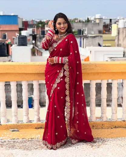 Heavy Coading Lace Border in Saree with Original Mirror