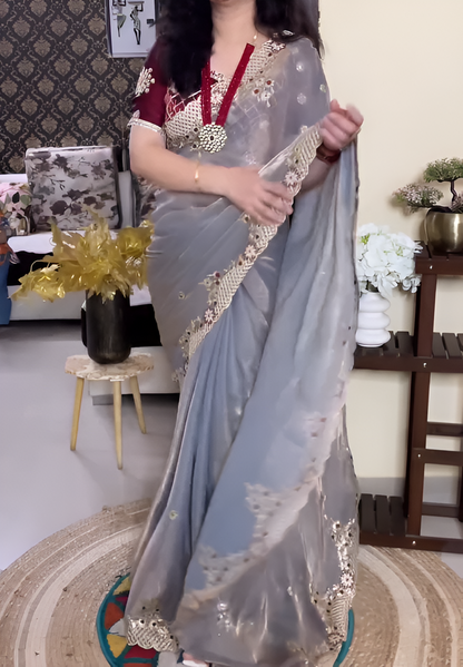 Premium Sequence Embroidery Two Tone Fendy Chiffon Saree
