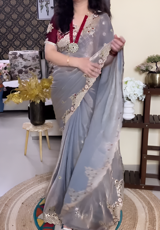 Premium Sequence Embroidery Two Tone Fendy Chiffon Saree