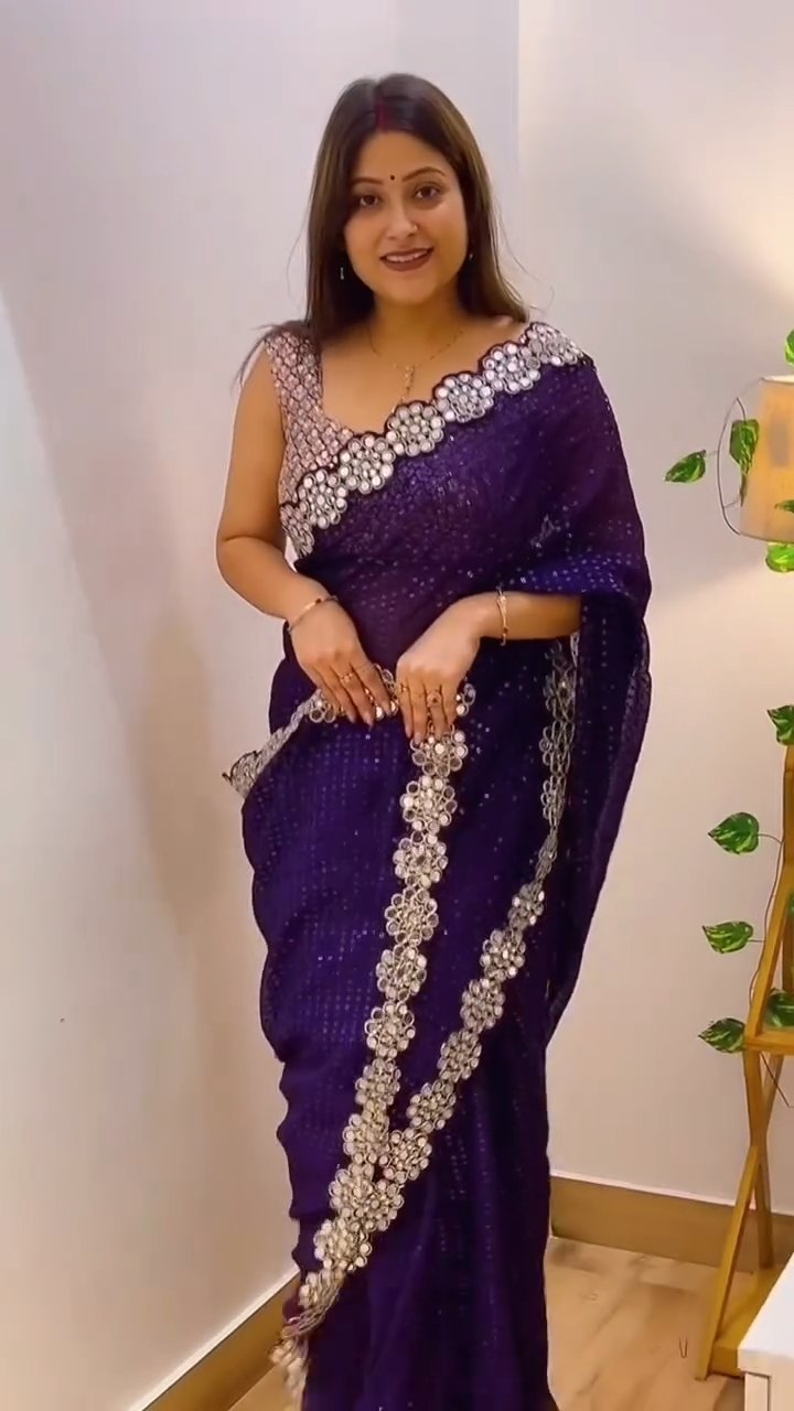 Stylish Georgette Mirror Work Saree with Sequins & Full-Stitch Blouse