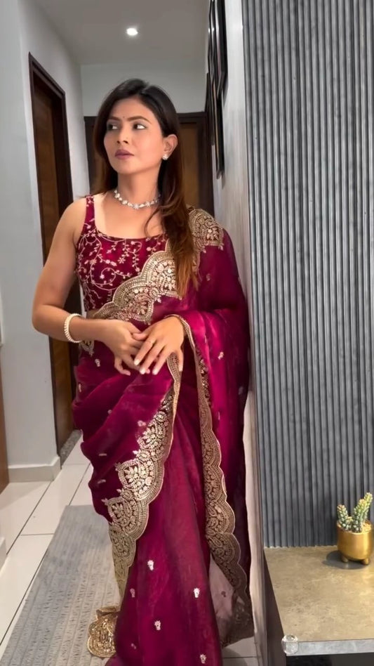 Designer Fendi Chiffon Sequins Embroidery Saree